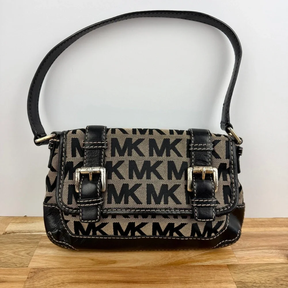 Michael Kors Monogram Canvas Leather Trim Shoulder Bag Tan Black MK Purse